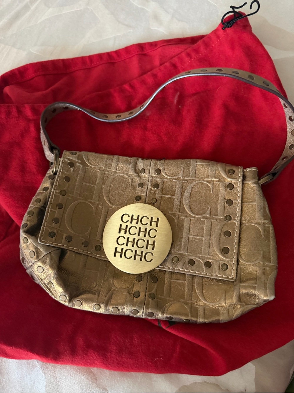 Carolina Herrera Bronze Monogram Shoulder Bag with Round Logo Plaque